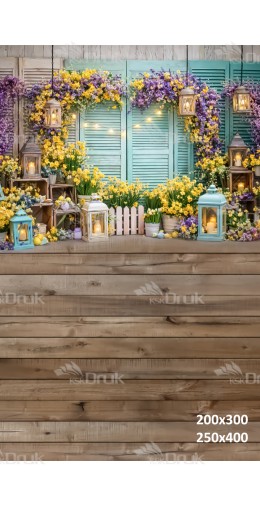 Tło fotograficzne „Wiosenne okiennice z lampionami i kwiatami” | E828